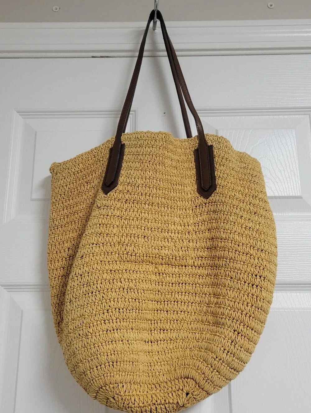 J.Crew NWT  Straw Market Tote Bag with Brown Leather Handles.